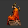Detailed Seated Figure Sculpture With Orange Robe Topknot And Stone Base