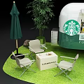 Starbucks Mobile Coffee Cart Outdoor Setup With Green Plants Chairs Tables Umbrella And Signboard