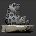 Adorable Snow Leopard Doll in Sitting Posture with Yellow Flower on Paw on Stone Base