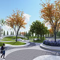 Scenic Park Landscape With Circular Pathways Lush Lawns Trees And Central Sculpture