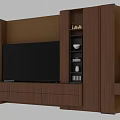 Wooden TV Stand With Storage Shelves TV And Decorative Items On Textured Wall
