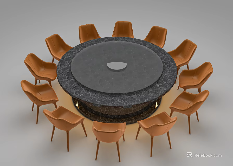 Modern Round Dining Table Set With Stone Top Center Turntable And Brown Chairs 3d model 