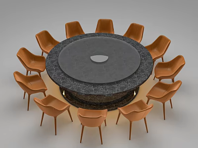 Modern Round Dining Table Set With Stone Top Center Turntable And Brown Chairs 3d model