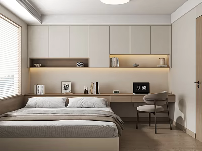 Modern Tatami Bedroom Interior Design With Bed Desk Cabinets Shelves And Window Blinds 3d model