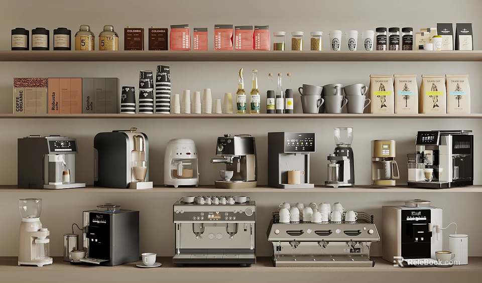Various Modern Kitchen Appliances Display with Coffee Makers and Shelf Containers 3d model