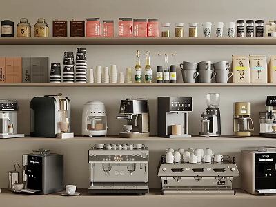 Various Modern Kitchen Appliances Display with Coffee Makers and Shelf Containers 3d model