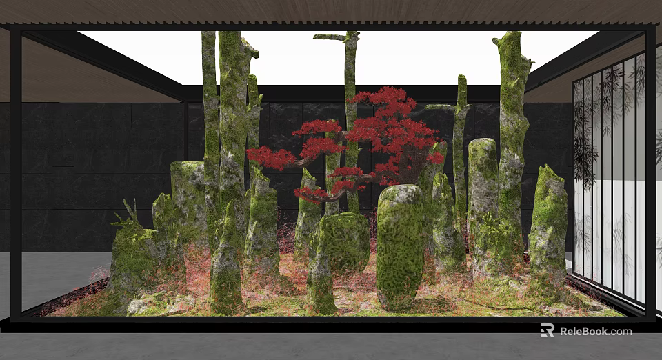 Natural Garden Landscape With Moss Covered Stone Pillars And Red Maple Tree 3d model 