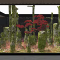 Natural Garden Landscape With Moss Covered Stone Pillars And Red Maple Tree