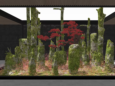 Natural Garden Landscape With Moss Covered Stone Pillars And Red Maple Tree 3d model