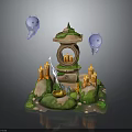 Fantasy Building With Green Platforms Candles Blue Cloud Like Objects Circular Arch And Sword 3d model