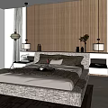 Upholstered Double Bed Interior With Wooden Backdrop Table Lamps And Plants 3d model