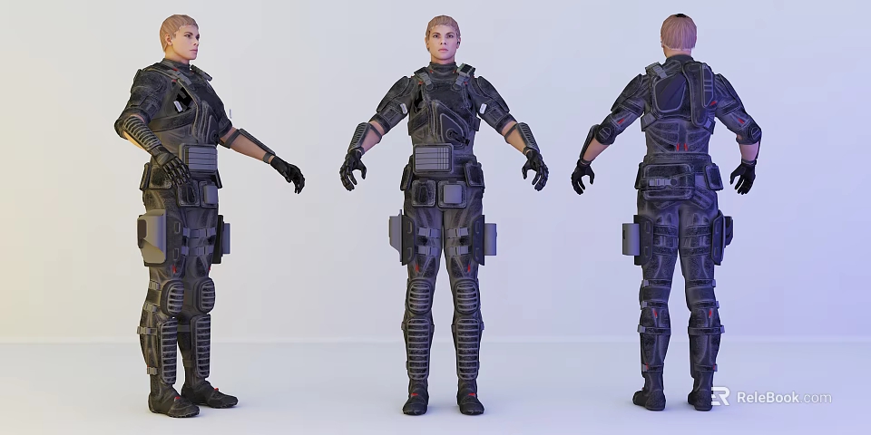 Woman In Futuristic Tactical Gear Displayed From Three Different Angles With Armor 3d model 