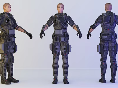 Woman In Futuristic Tactical Gear Displayed From Three Different Angles With Armor 3d model