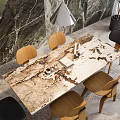 Modern Restaurant Interior With Marble Wall Dining Table Pendant Light Green Plant And Wooden Chairs