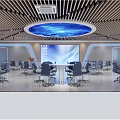 Modern Conference Room With Wooden Ceiling Circular LED Light Spacious Layout And Gray Meeting Chairs