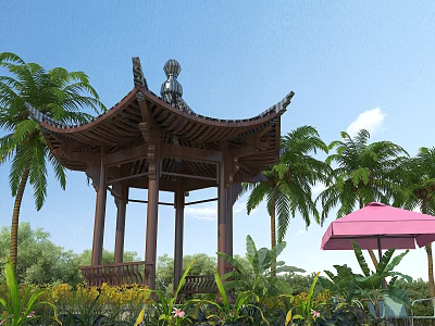 Traditional Chinese Pavilion Surrounded by Palm Trees Pink Umbrella and Green Plants Under Blue Sky 3d model