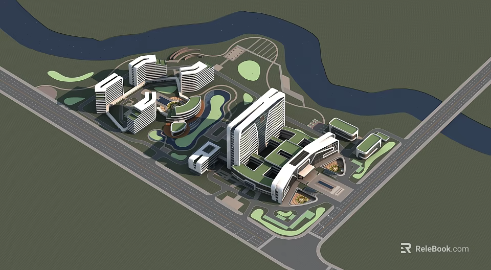 Modern Hospital Building Complex With Green Spaces River And Surrounding Roads 3d model 