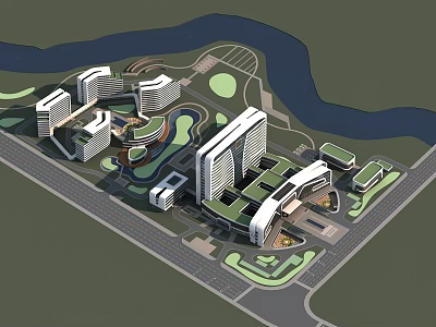 Modern Hospital Building Complex With Green Spaces River And Surrounding Roads 3d model