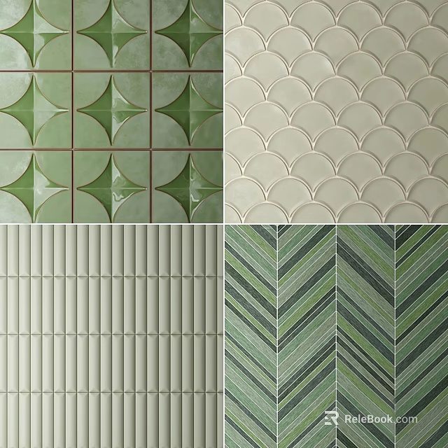 Stylish Wainscoting Designs with Scalloped Vertical Herringbone Patterns in Green and Beige Tones 3d model 