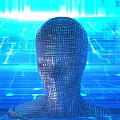Digital Grid Art Installation Featuring Blue Translucent Human Head Sculpture With Tech Inspired Background Lights 3d model