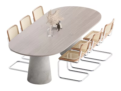 Oval Light Wood Dining Table Set with Rattan Backrest Metal Leg Chairs and Concrete Base 3d model