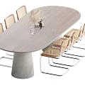 Oval Light Wood Dining Table Set with Rattan Backrest Metal Leg Chairs and Concrete Base