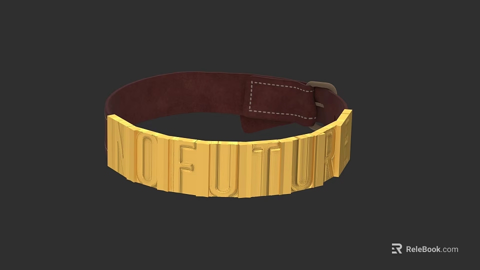 Stylish Brown Leather Belt with Golden NO FUTURE Letters Stitched Detail and Buckle Closure 3d model 