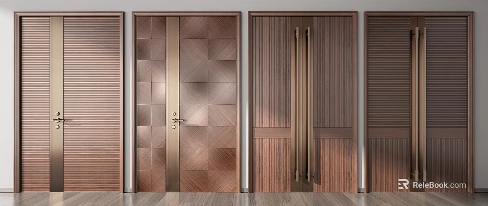 Wooden Double Doors With Textured Pattern And Metal Accents For Modern Home Interior 3d model 