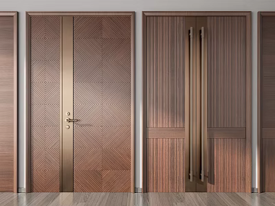 Wooden Double Doors With Textured Pattern And Metal Accents For Modern Home Interior 3d model