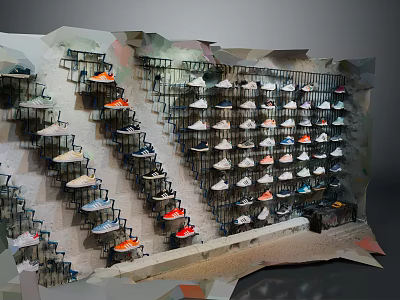 Organized Shoes Display On Multi Tiered Shelves With Various Colors And Styles 3d model