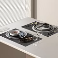 Modern Tableware Set With Plates Bowls Spoons Forks Wine Glasses On White Table Black Placemats