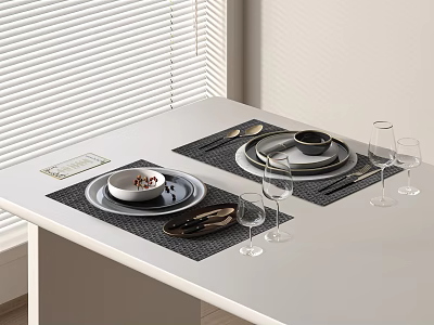 Modern Tableware Set With Plates Bowls Spoons Forks Wine Glasses On White Table Black Placemats 3d model