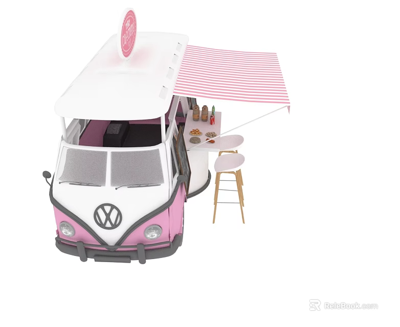 Stylish Pink White Volkswagen Van Side Hinged Door With Striped Awning And Wooden Stools 3d model 