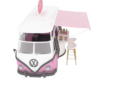 Stylish Pink White Volkswagen Van Side Hinged Door With Striped Awning And Wooden Stools 3d model