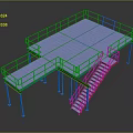 Industrial Style Platform Furniture With Blue Railings Red Stairs And Grid Floor