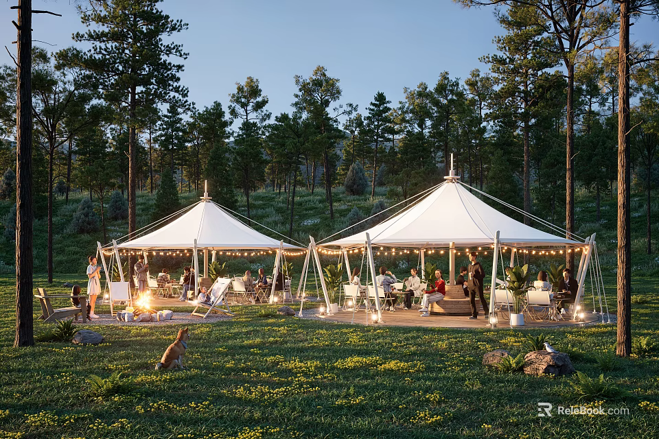 Idyllic Campsite With White Tents Lush Trees Grassland Bonfire And String Lights 3d model 