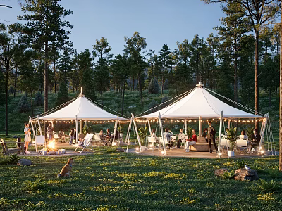 Idyllic Campsite With White Tents Lush Trees Grassland Bonfire And String Lights 3d model