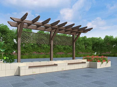 Outdoor Wooden Pergola With Stone Benches Green Plants And Flower Beds Under Blue Sky 3d model