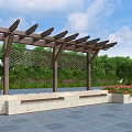 Outdoor Wooden Pergola With Stone Benches Green Plants And Flower Beds Under Blue Sky