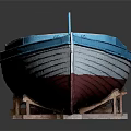 Blue And White Wooden Boat With Red Hull And Interior Wooden Seats
