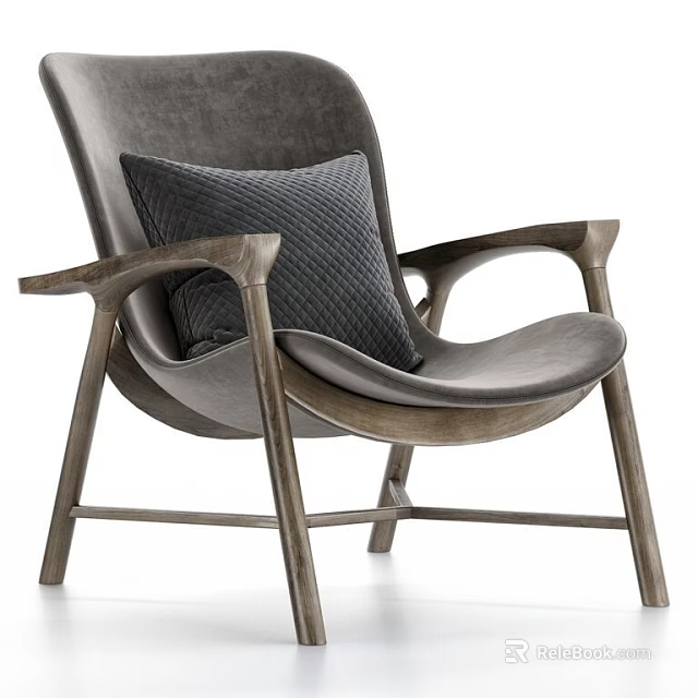 Dark Gray Leather Armchair with Wooden Arms and Legs and Textured Cushion in Modern Design 3d model 