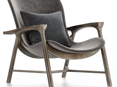 Dark Gray Leather Armchair with Wooden Arms and Legs and Textured Cushion in Modern Design 3d model