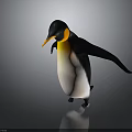 Realistic Penguin with Yellow Neck White Belly Orange Beak Outstretched Wings Standing on Reflective Surface