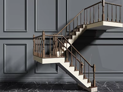 Elegant Staircase Components With Gray Wall Dark Railings White Steps And Marble Floor 3d model