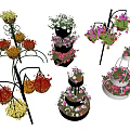 Colorful Garden Ornaments With Tiered Planters Hanging Baskets And Mixed Flowers