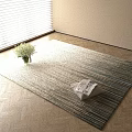 Square Striped Neutral Tones Rug With White Flower Vase Woven Basket And Herringbone Wooden Floor