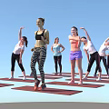 Group of People Practicing Yoga Stretching and Meditating on Mats with Blue Background