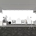 Modern Public Office Space with White Spherical Lamps Gray Geometric Carpet and Mountain Backdrop