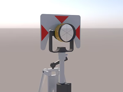 Tripod Mounted Commercial Equipment With Red Triangle Panels And Circular Lens 3d model