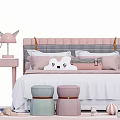 Kids Bed with Pink Headboard Cute Horns White Plush Toy Desk Chair and Ottomans